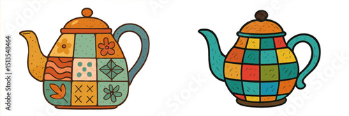 Colorful teapots illustrated with unique patterns and designs showcasing creativity and artistry in a cozy kitchen setting