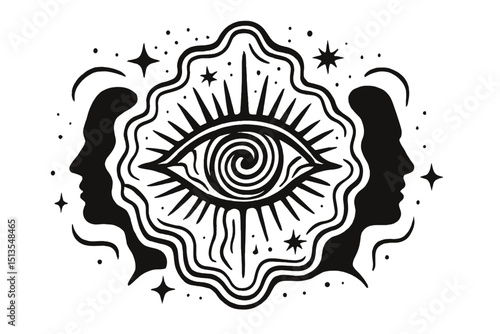Intricate design featuring eye and silhouettes symbolizing perception and connection