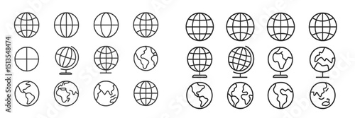 Diverse representations of globes and maps illustrating geography concepts in a minimalistic style