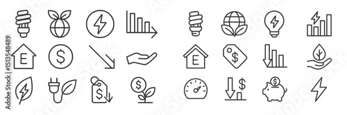 Energy symbols and icons representing sustainability, savings, and consumption trends in a minimalist design layout
