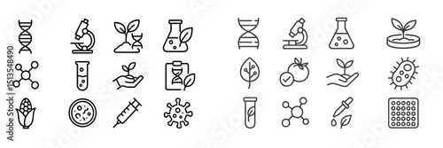 Icons representing science, biology, and technology used in research and education about life and health