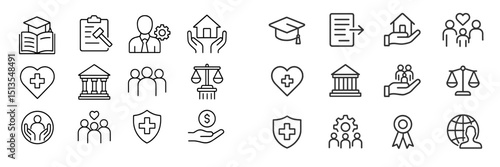 Graphic symbols representing various sectors such as education, healthcare, and community services in a cohesive layout