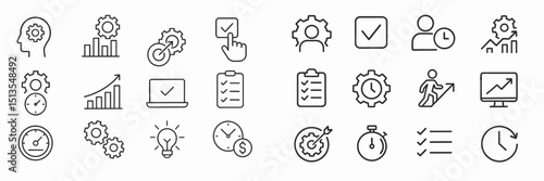 Icons representing productivity, efficiency, and teamwork in a professional environment