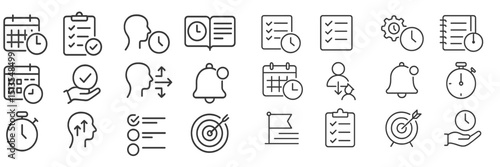 Icons representing time management, planning, and focus in daily activities for effective productivity and organization in workspaces