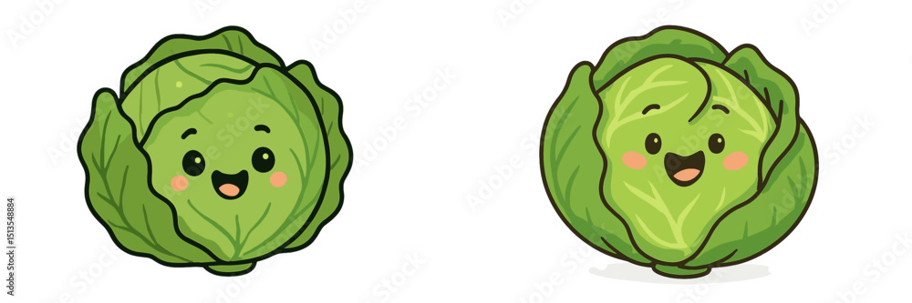 Naklejka premium Cute cartoon cabbages with smiling faces in a colorful, playful style on a white background