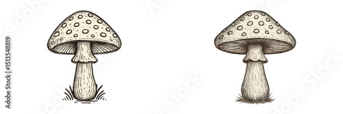 Detailed illustrations of two mushrooms with distinct shapes and patterns set against a simple background