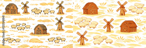 Patterns of rustic barns and windmills with grazing sheep in a serene landscape representing farming life