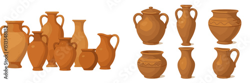 Traditional handmade pottery displays various shapes and sizes in an artisan workshop setting