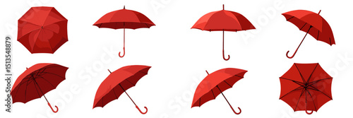Collection of red umbrellas displayed against a white background showcasing various open and closed positions for versatile use