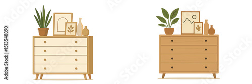 Stylish dressers decorated with plants and artwork in a modern interior setting