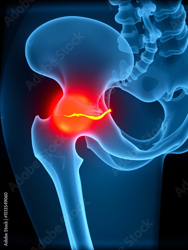 X-ray of inflamed hip joint highlighting avascular necrosis with a clear view of affected area, minimalist presentation emphasizing condition's seriousness and impact.