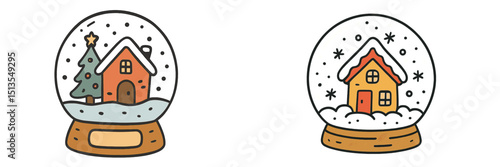 Charming snow globes featuring cozy houses surrounded by festive decorations and snowflakes