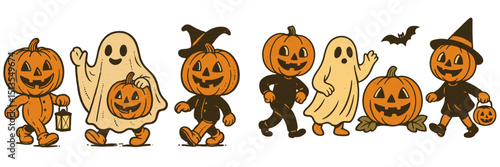 Children in costumes celebrate Halloween by walking with pumpkins and ghosts during a festive evening