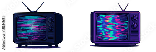 Retro television sets displaying colorful static on a white background in a modern artistic style