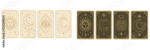 Collection of mystical tarot cards featuring celestial designs and symbols on a neutral background