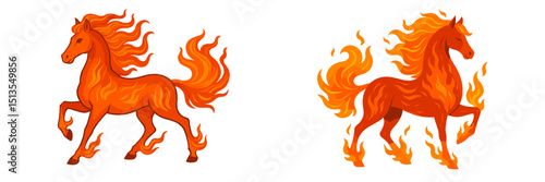 Dynamic illustrations of fiery horses in motion capturing the essence of strength and energy in a fantastical setting