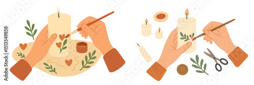 Hands creating decorative candles with floral designs at a crafting table during a creative session