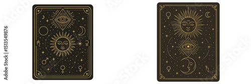 Intricate tarot card designs featuring sun, moon, and celestial symbols in a mystical theme