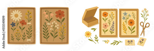 Flower press kits showcase botanical art with various flowers and tools on a light background in a creative workspace