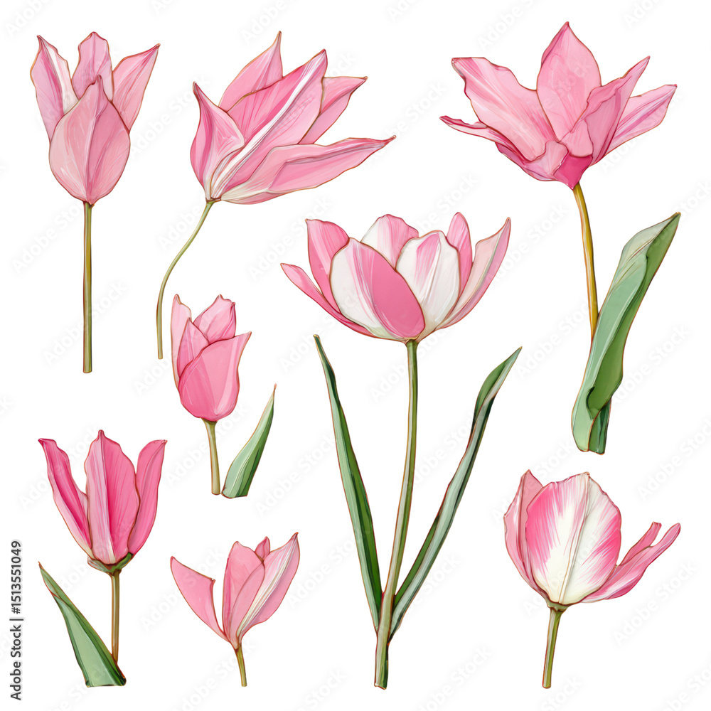 Beautiful Collection of Hand-Drawn Pink Tulip Flowers Illustrations, isolated on transparent background. Beautiful Collection of Hand-Drawn Pink Tulip Flowers Illustrations, isolated on transparent background.