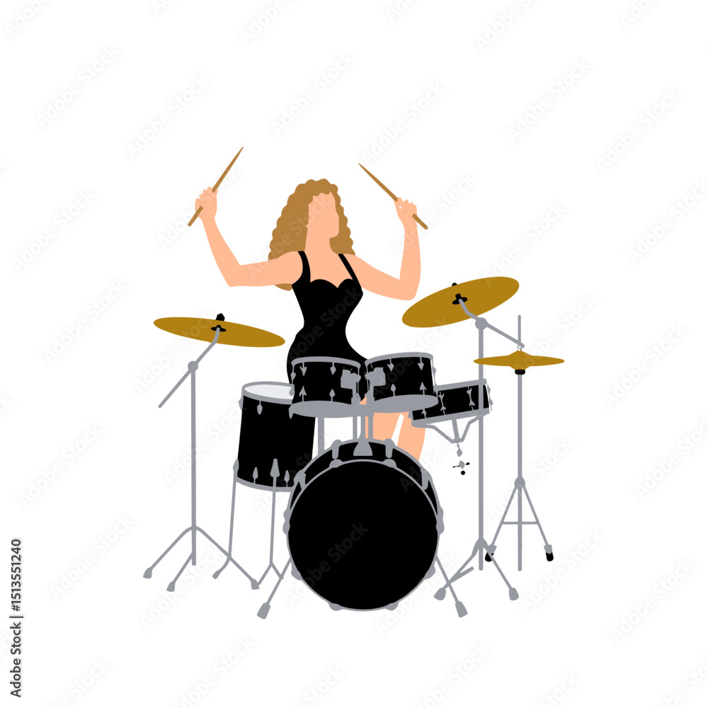 Fototapeta premium A female drummer seated at a black drum kit against a pure white background