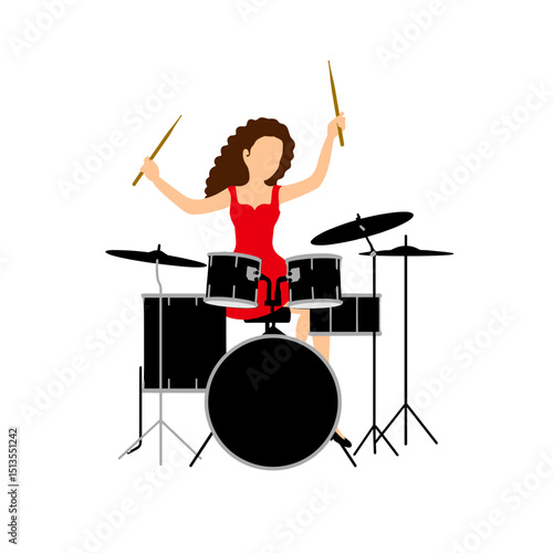 A female drummer seated at a black drum kit against a pure white background