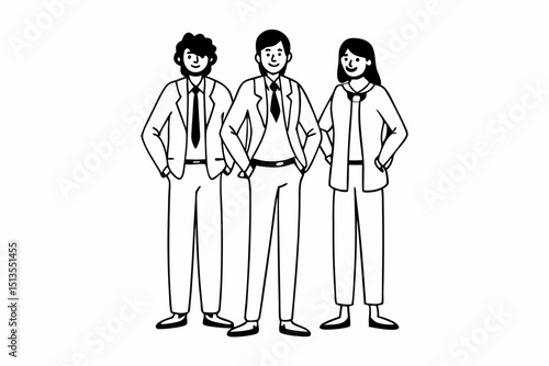 Full length portrait of a group of three young cheerful business people in suits standing confidently, looking at the camera and smiling isolated on a studio background. Team work concept