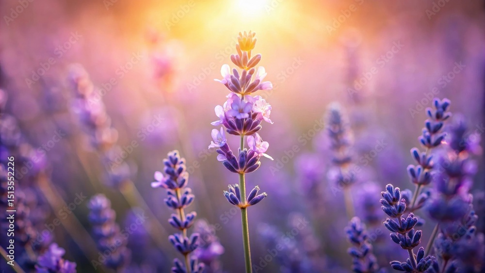 Naklejka premium Golden Hour Lavender Field A Serene Close-Up of Blooming Purple Flowers Basking in Warm Sunlight