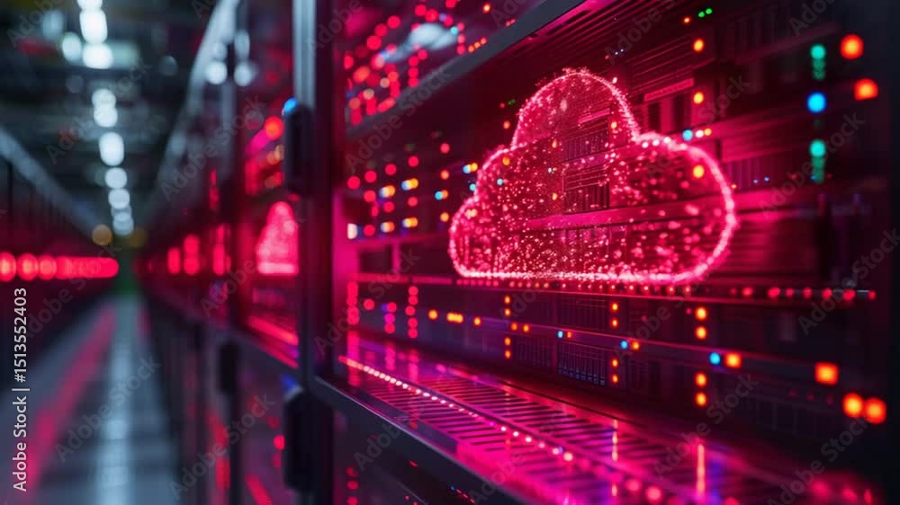 Server room with data cloud storage concept in red colors technology future Server room with data cloud storage concept in red colors technology future