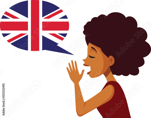 Profile of a Woman Talking in English Vector Character. Young lady talking in foreign language
