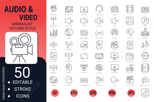 Audio and video editable stroke line icon pack – media, podcast, music, and streaming symbols
