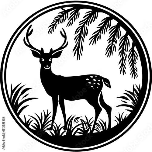 Silhouette of a deer under a tree in a circular frame