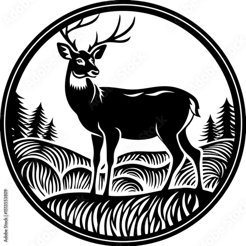 Black and white deer in circle with trees and grass art