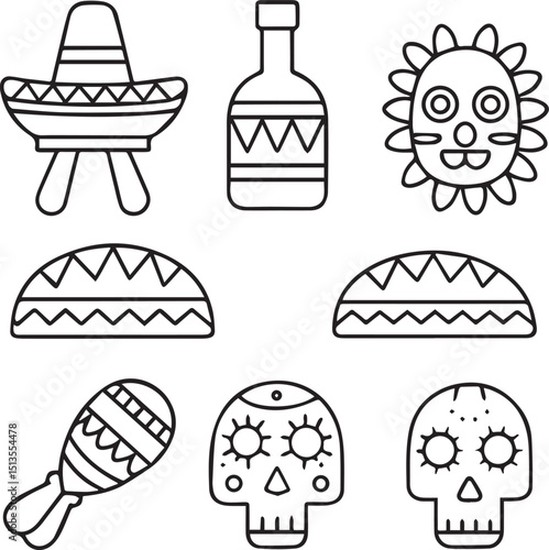 Cinco de Mayo Icons with Sombrero Skull Tequila and Tacos