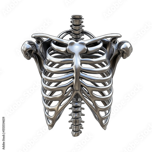Detailed metallic human rib cage model. PNG image, transparent background