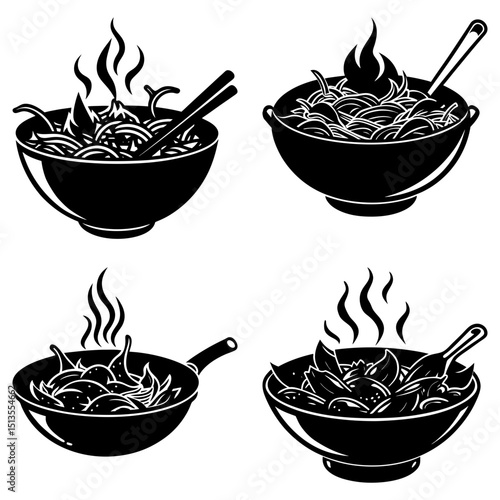 Illustration of four bowls and a pan containing hot food emitting steam in black and white style