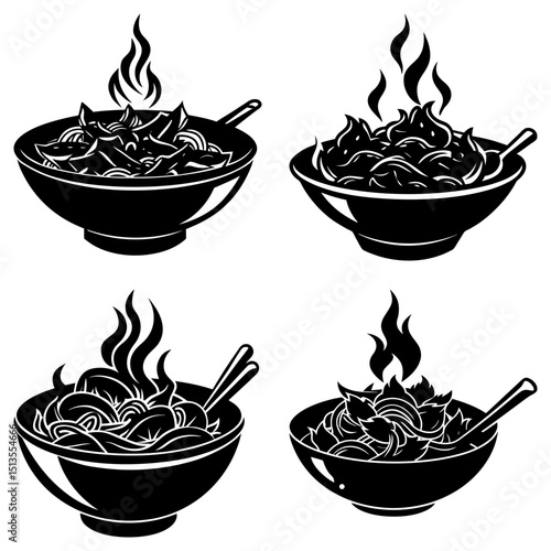 Four steaming bowls of noodles and other dishes in black and white monochrome illustration style art
