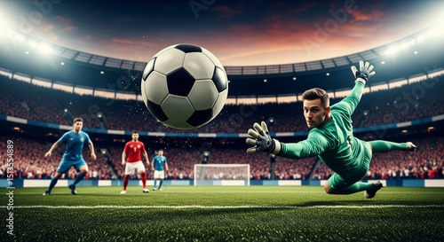Football Goalkeeper Action: Diving Save, Ball in Motion, Stadium Lights