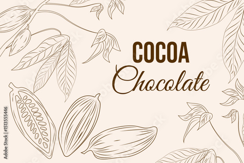 Beige background with an outline drawing of cocoa beans and leaves, decorated with the text "COCOA Chocolate". Suitable for chocolate and nature themes.
