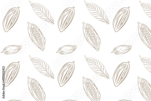 
Abstract seamless pattern with cocoa beans and leaves in brown tones. PNG vector. Vector illustration.