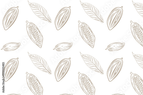 
Abstract seamless pattern with cocoa beans and leaves in brown tones. PNG vector. Vector illustration.