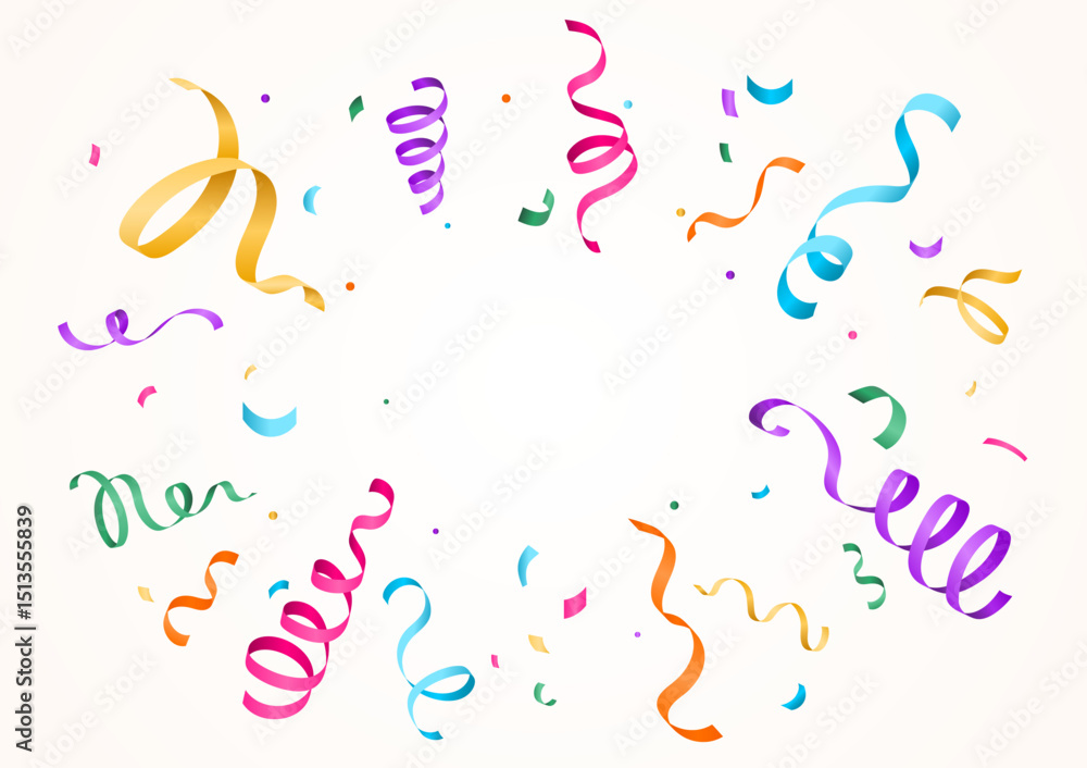 Confetti vector background with colorful confettis and serpentine ribbons isolated on light backdrop, copy space at the center. Festive pattern illustration in flat modern gradient simple style.