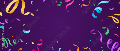 Confetti vector banner background with colorful serpentine ribbons, copy space for your text at the center. Birthday, carnival illustration in flat simple gradient cartoon style with fun explosion.