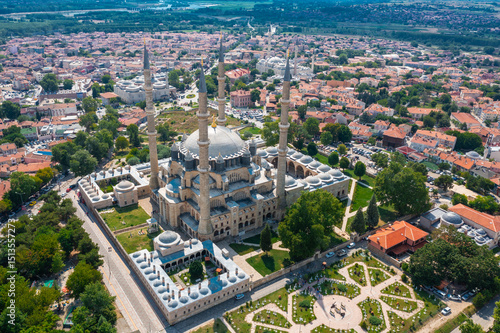 Selimiye Mosque (Selimiye Mosque) aerial view taken with drone.Wide angle city view. The mosque was built by Mimar Sinan.Edirne,Turkey.
