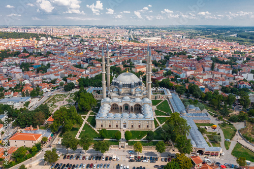 Selimiye Mosque (Selimiye Mosque) aerial view taken with a drone. The building, built by Mimar Sinan, has been included in the UNESCO World Heritage List. Edirne, Turkey.