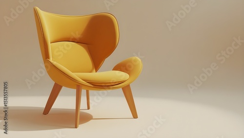 Yellow Wingback Chair: A vibrant yellow wingback chair bathed in warm light, adding a touch of modern style to a minimalist space. AI-generated image