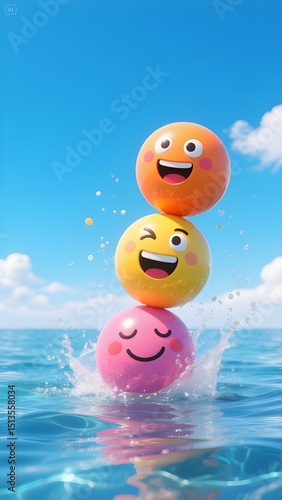 Joyful Emoji Trio at the Beach: A charming tower of three emoji balls, each with a unique and cheerful expression, splashes playfully in the refreshing ocean water against a vibrant blue sky. AI-image