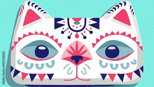 Cat Face Design: A charming illustration of a stylized cat face with geometric patterns, vibrant colors, and a playful expression. AI-generated image
