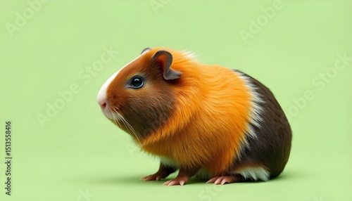 Playful Guinea Pig: A captivating shot of a guinea pig with striking orange, white, and brown fur sits against a serene green backdrop, capturing the essence of this small, furry friend. AI-generated