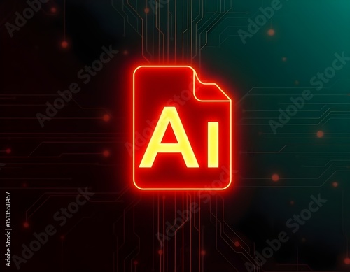 AI File Icon on Circuit Board: A vibrant neon AI file icon glows atop an intricate circuit board, symbolizing the intersection of artificial intelligence and technology.  AI-generated image